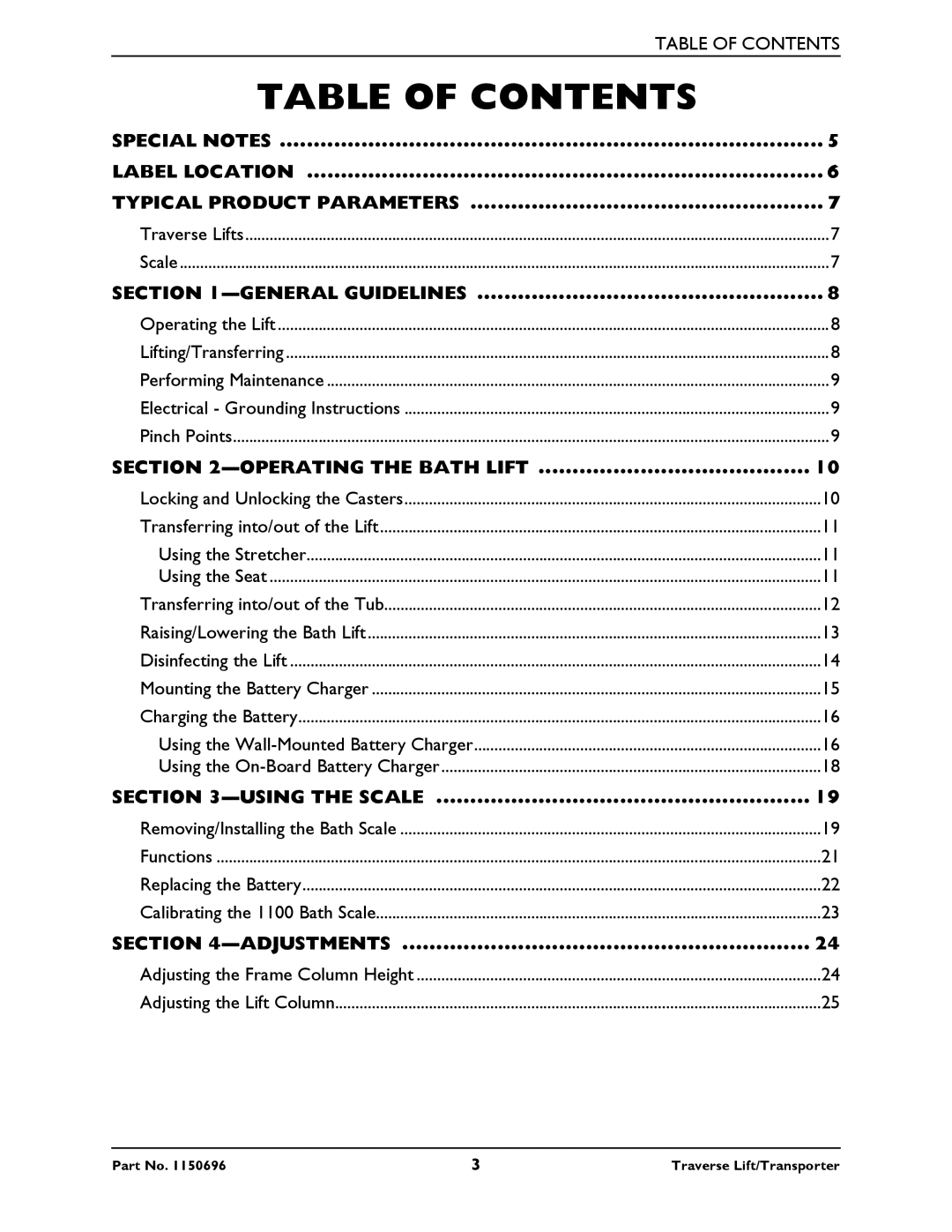 Invacare 1200, 1300, 1500, 1600 manual Table of Contents 