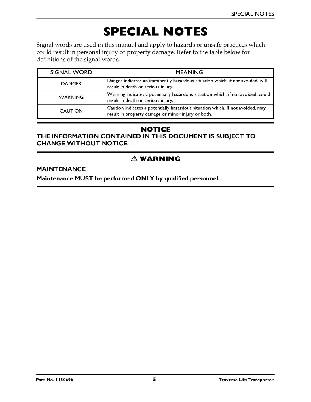 Invacare 1500, 1300, 1600, 1200 manual Special Notes, Meaning 