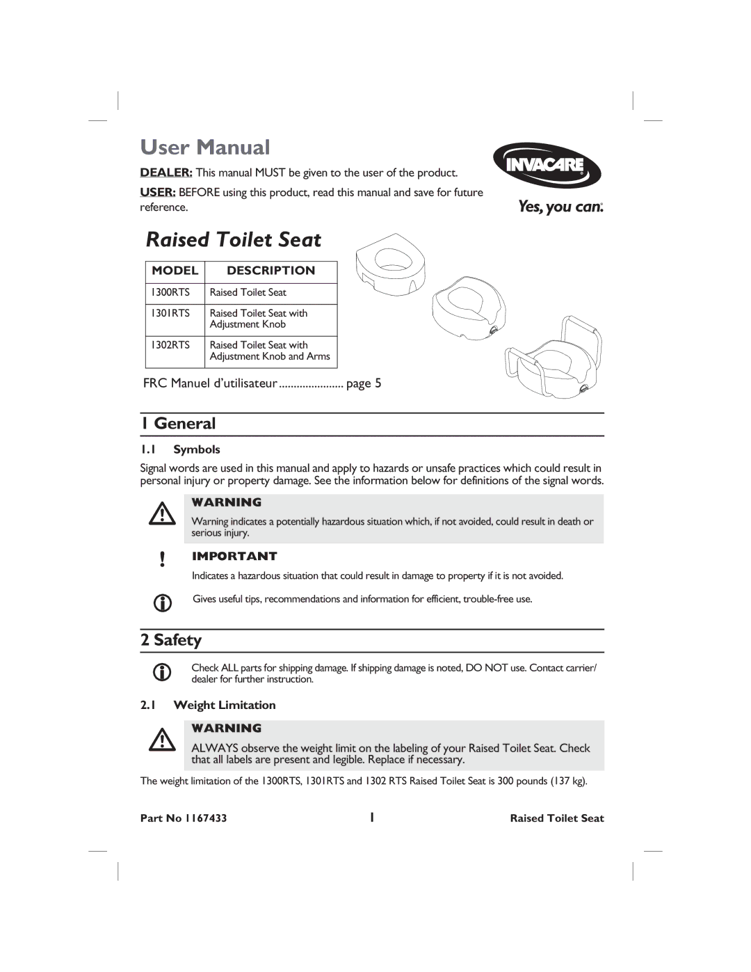 Invacare 1302RTS, 1301RTS, 1300RTS user manual Raised Toilet Seat, General, Safety, Model Description 