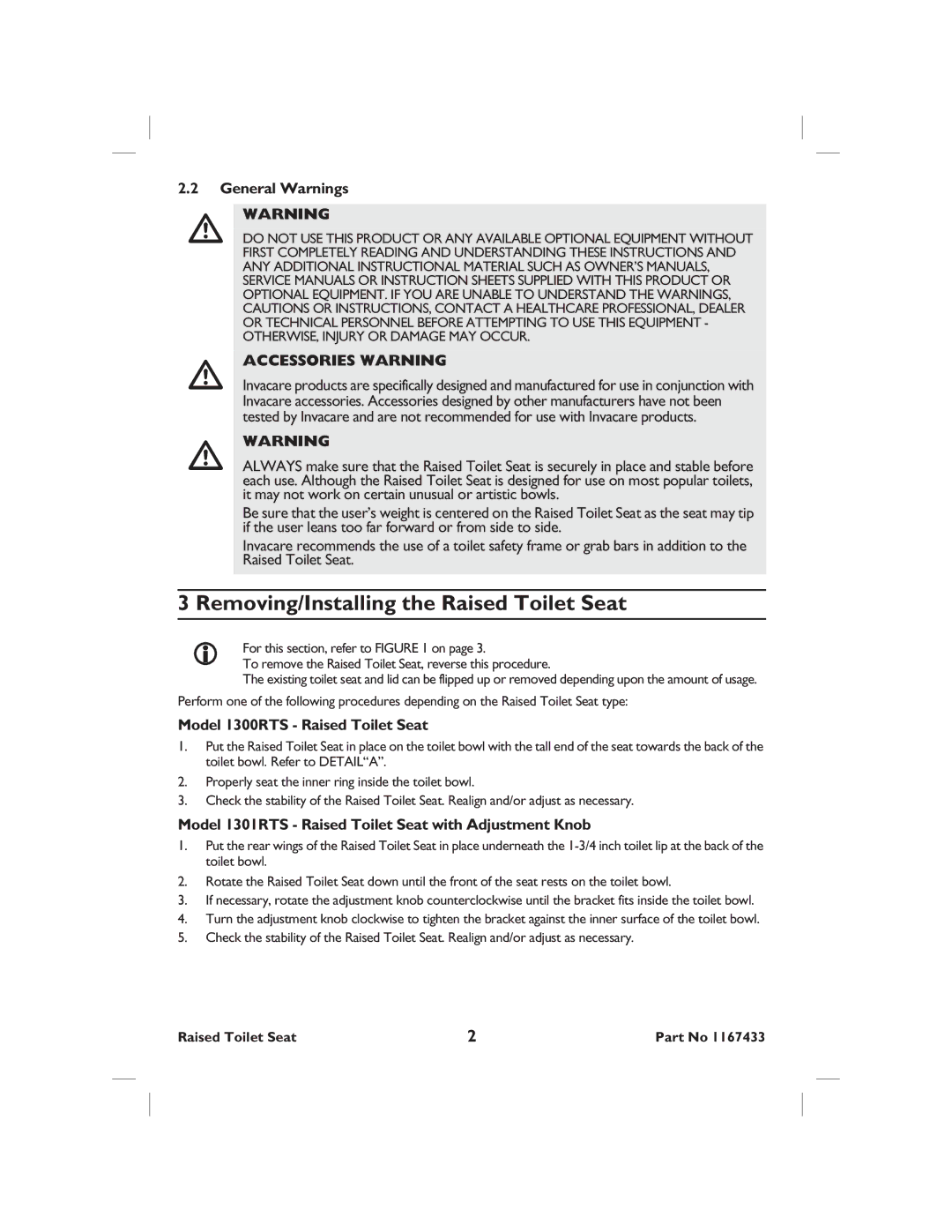 Invacare 1300RTS, 1301RTS, 1302RTS Removing/Installing the Raised Toilet Seat, General Warnings, Accessories Warning 