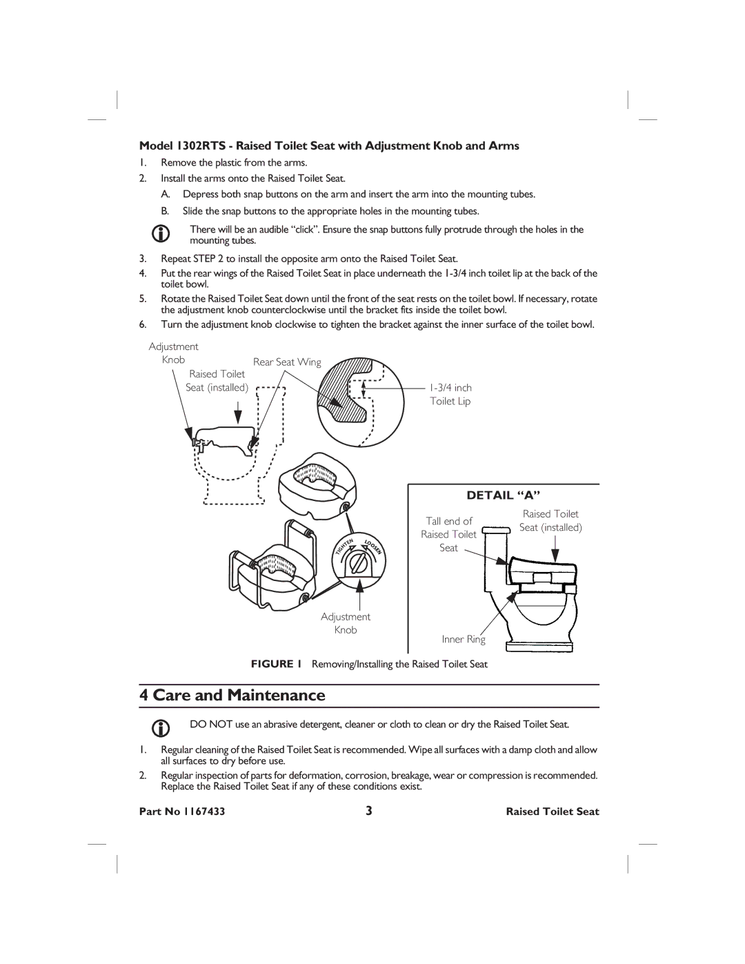 Invacare 1301RTS, 1302RTS, 1300RTS user manual Care and Maintenance, Detail a 