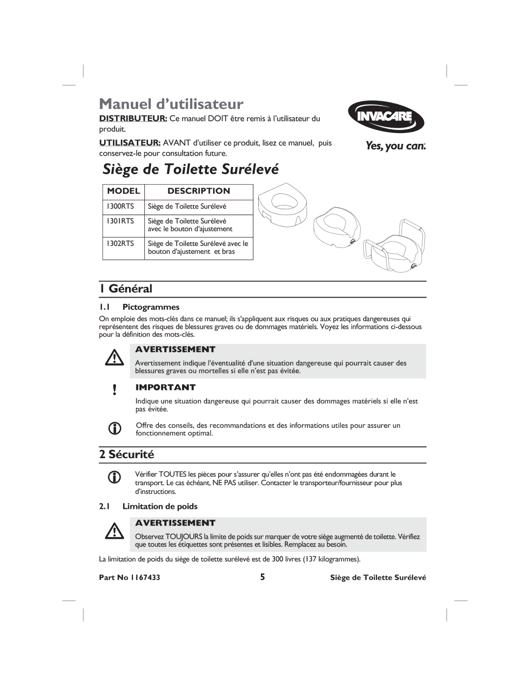 Invacare 1300RTS, 1301RTS, 1302RTS user manual Siège de Toilette Surélevé, Général, Sécurité, Avertissement 