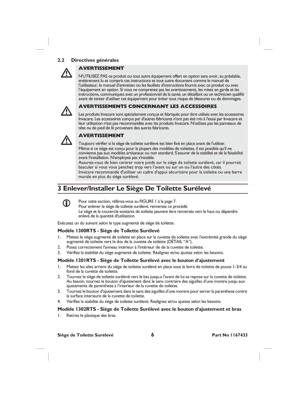 Invacare 1301RTS, 1302RTS, 1300RTS user manual Enlever/Installer Le Siège De Toilette Surélevé, Directives générales 