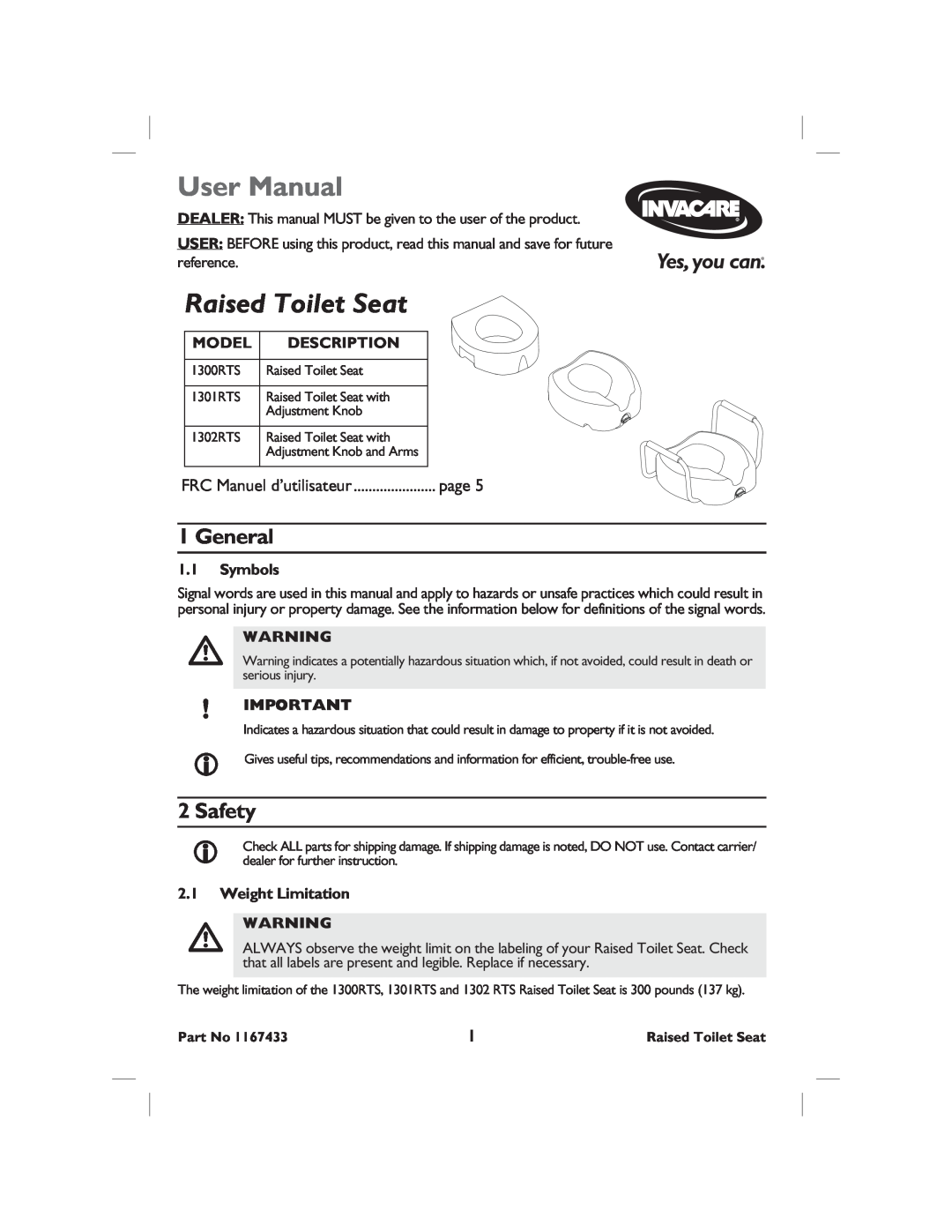 Invacare 1302RTS, 1301RTS user manual User Manual, Raised Toilet Seat, General, Safety, Model, Description, page, Symbols 