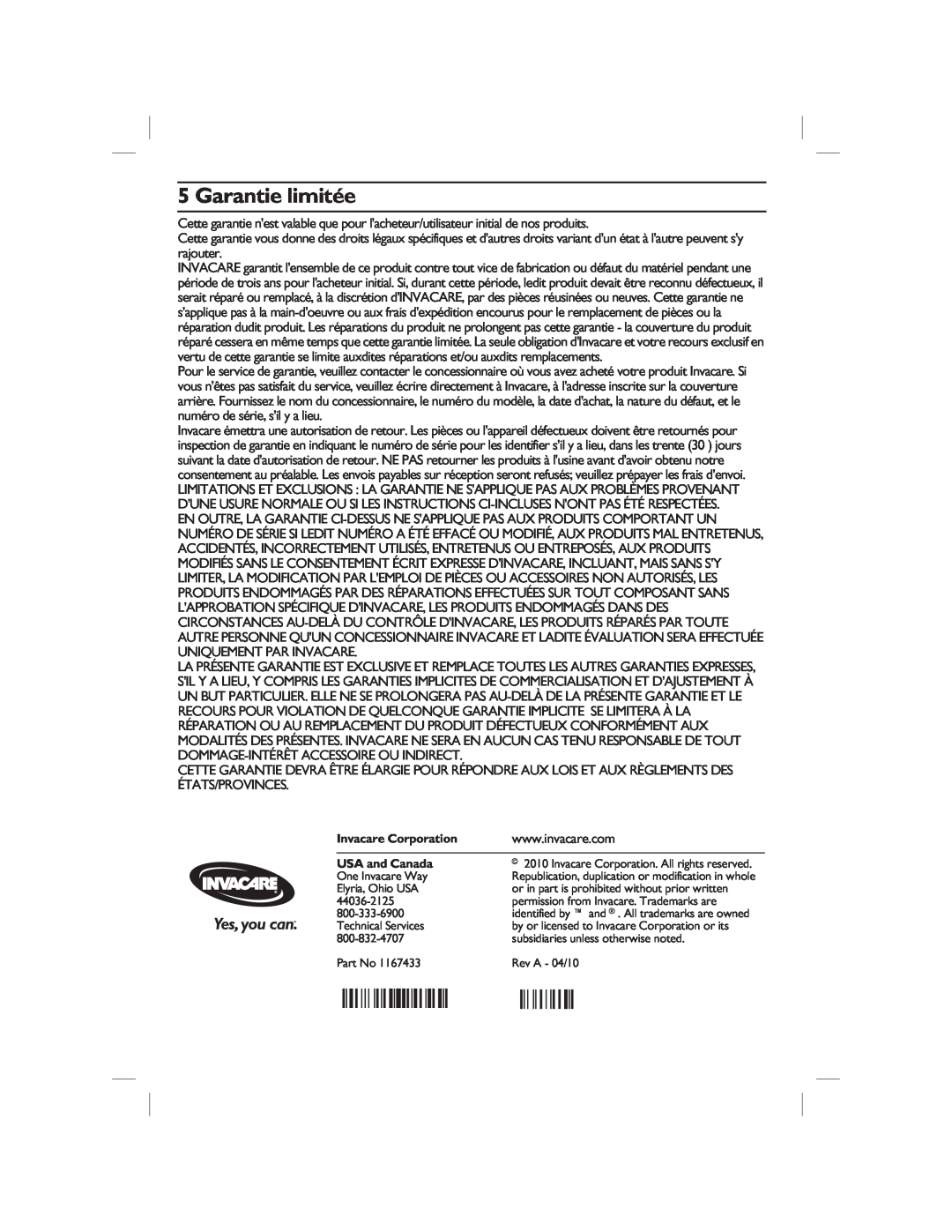 Invacare 1300RTS, 1301RTS, 1302RTS user manual Garantie limitée, Invacare Corporation, USA and Canada 