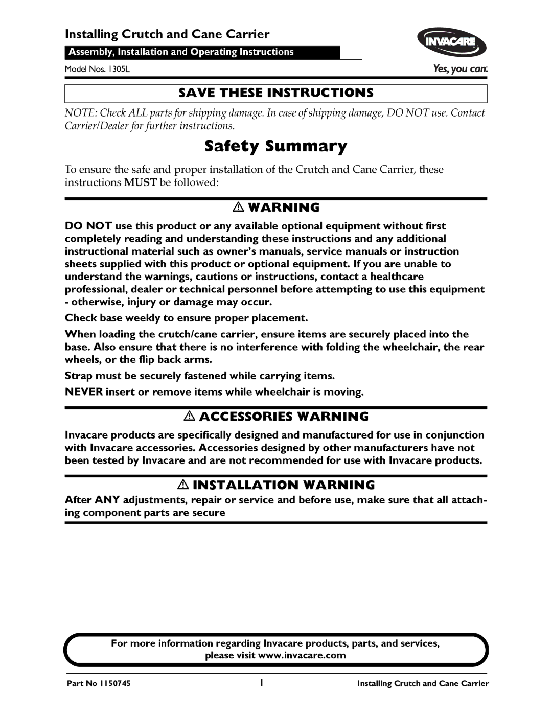 Invacare 1305L owner manual Safety Summary, Accessories Warning 