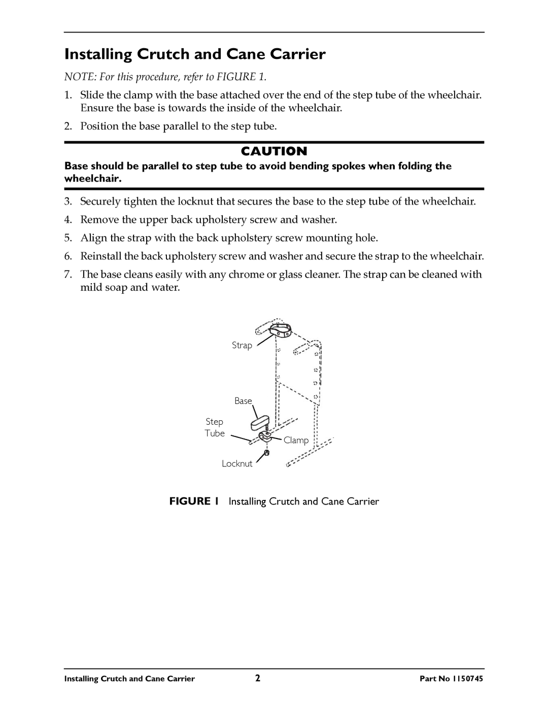 Invacare 1305L owner manual Installing Crutch and Cane Carrier 