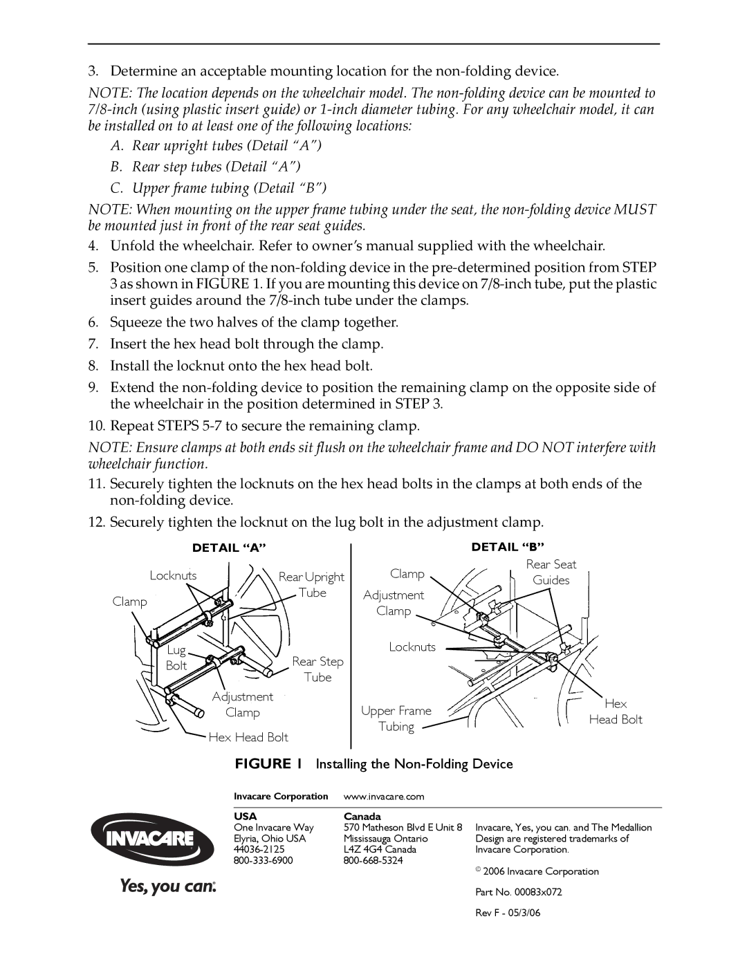 Invacare 1335 instruction sheet Lug Bolt Rear Step Tube Adjustment Clamp Hex Head Bolt, Clamp Locknuts, Tubing 