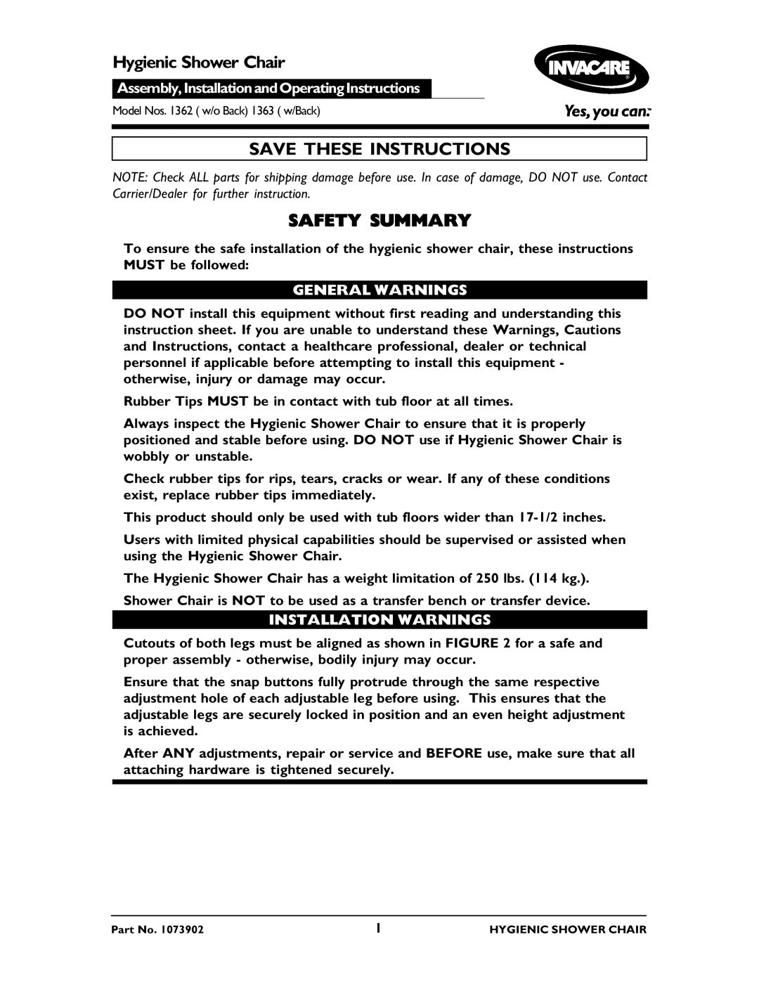 Invacare 1363, 1362 operating instructions Safety Summary, General Warnings 