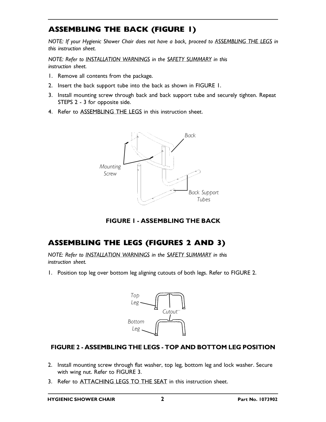 Invacare 1362, 1363 Assembling the Back Figure, Assembling the Legs Figures 2, Back Mounting Screw Back Support Tubes 