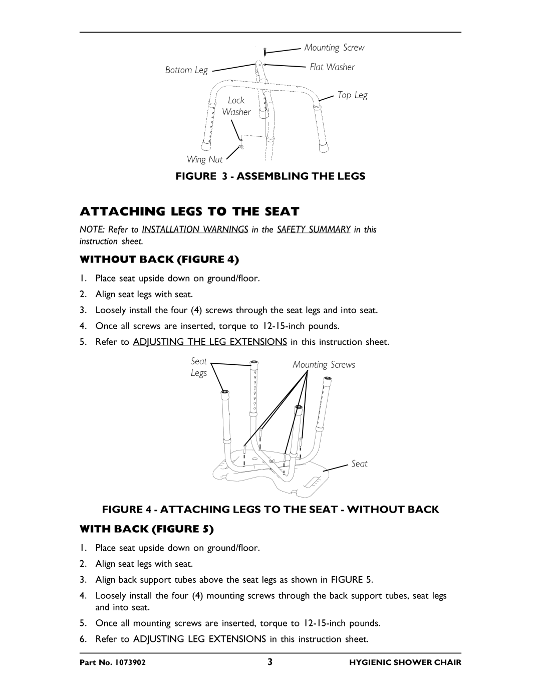 Invacare 1363, 1362 operating instructions Attaching Legs to the Seat, Without Back Figure 