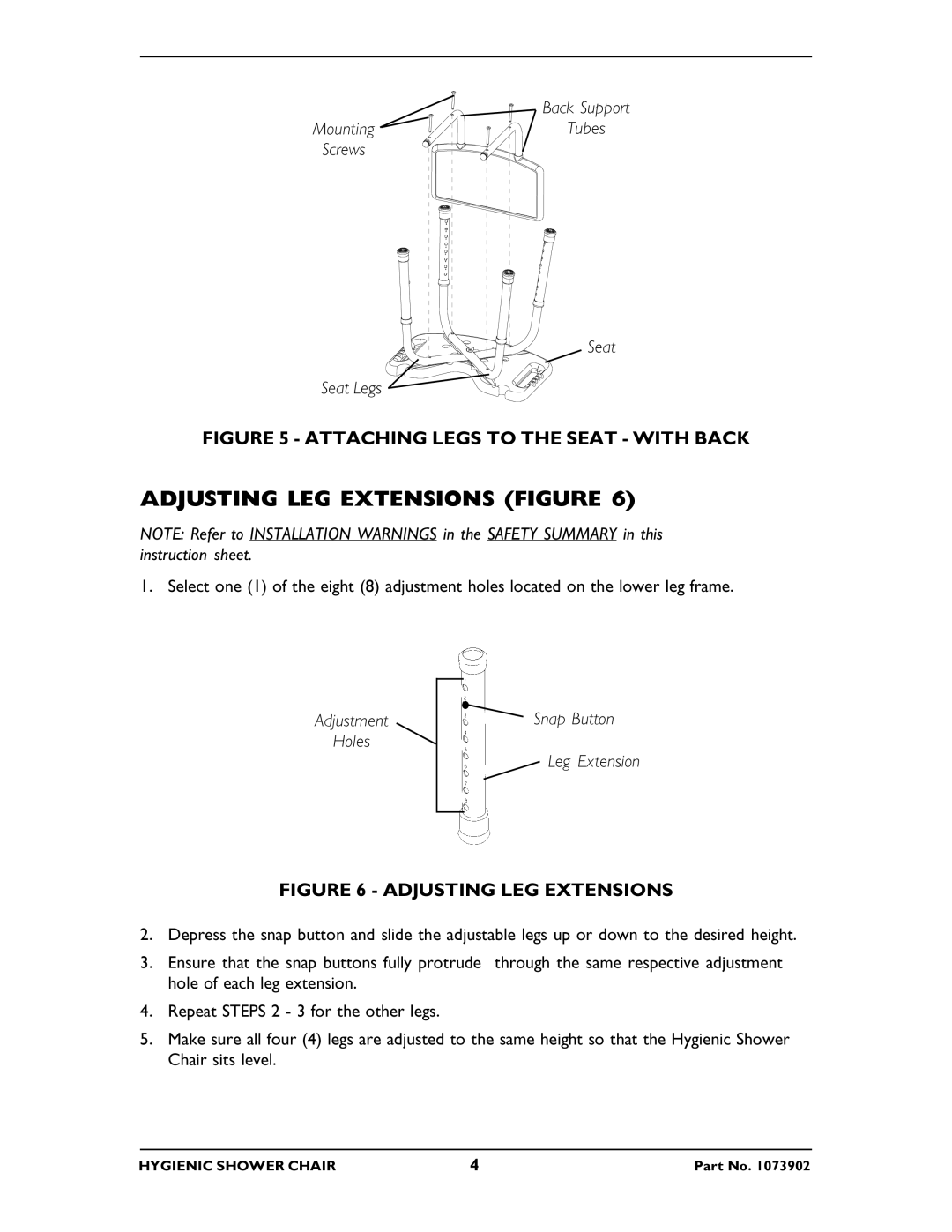 Invacare 1362, 1363 Adjusting LEG Extensions Figure, Back Support MountingTubes Screws Seat Seat Legs, Snap Button 