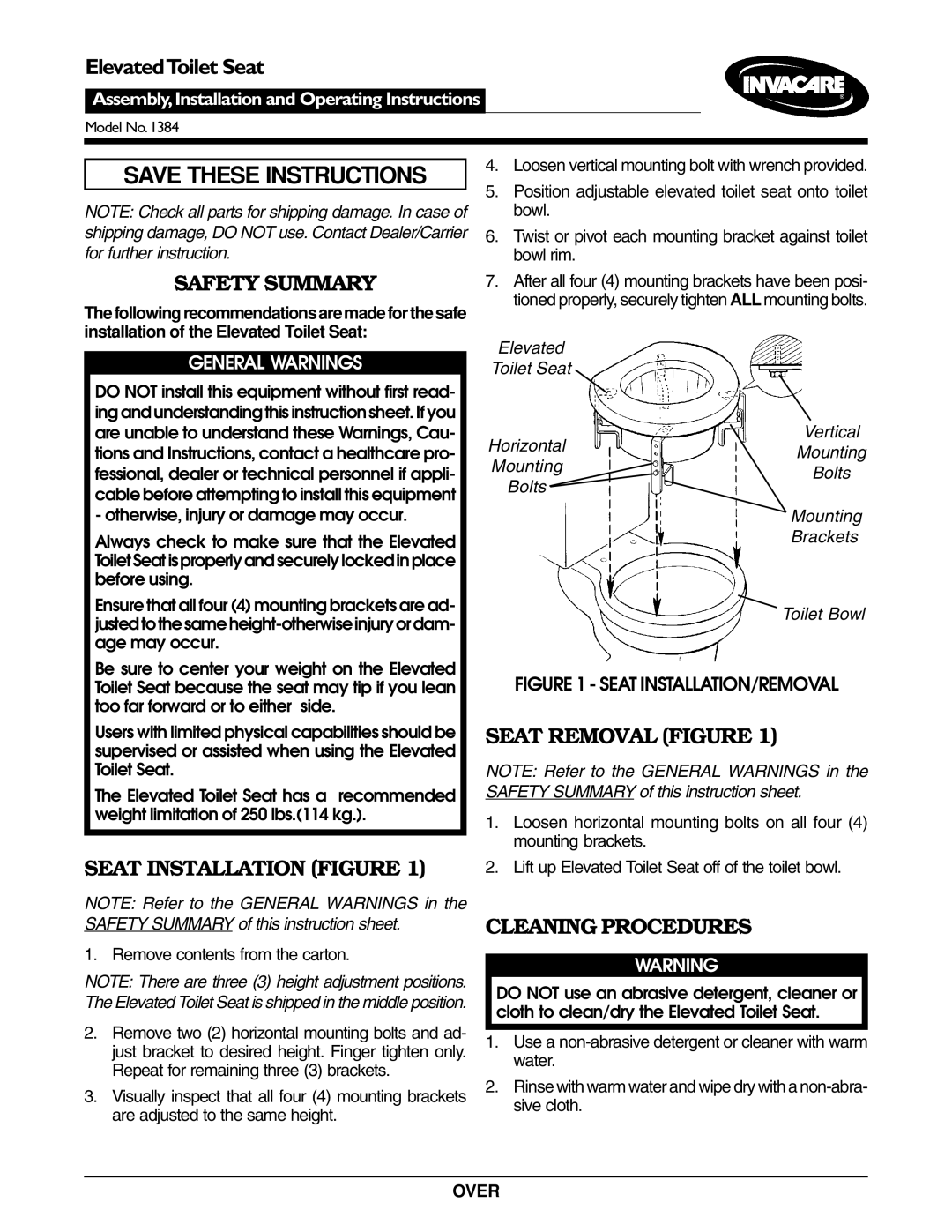 Invacare 1384 operating instructions Safety Summary, Seat Installation Figure, Seat Removal Figure, Cleaning Procedures 