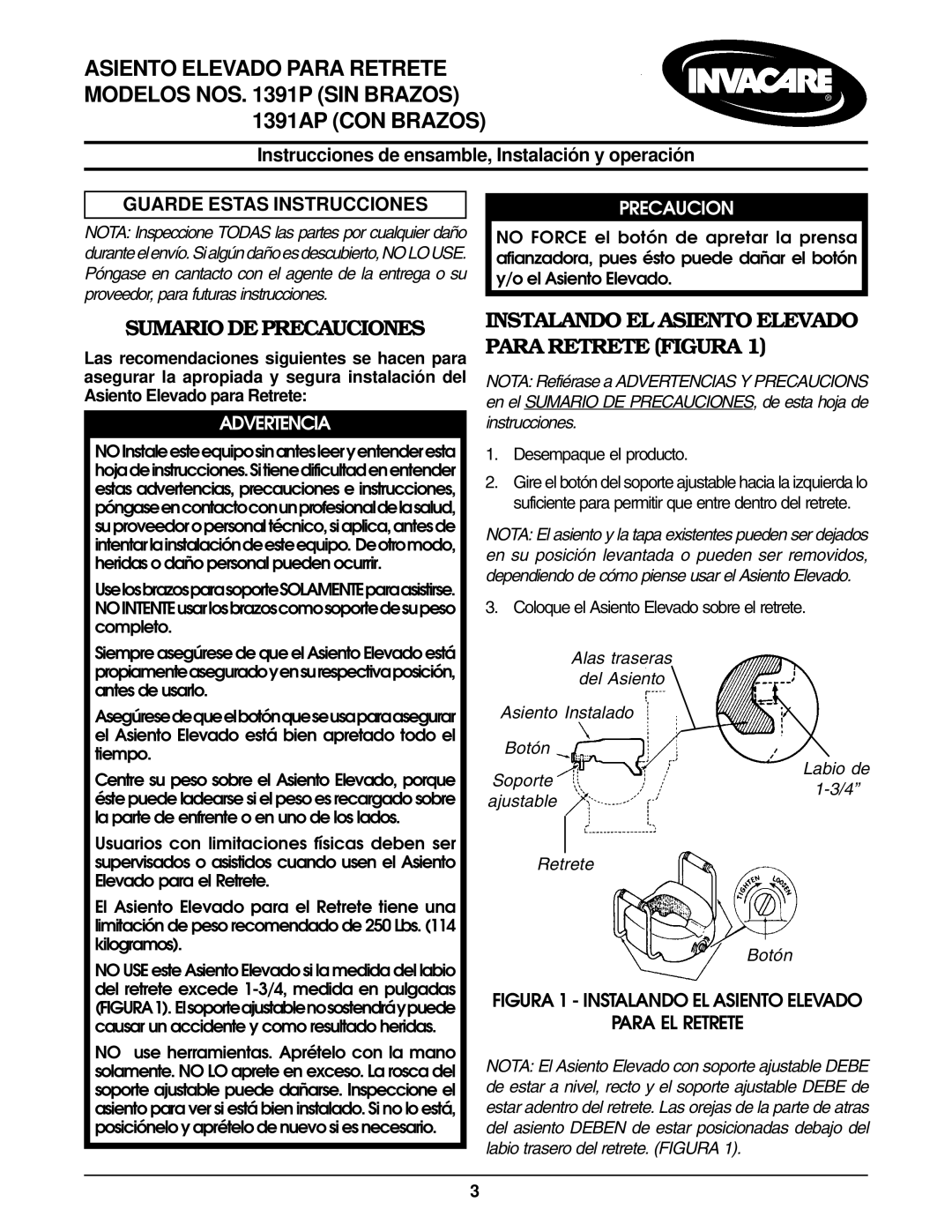 Invacare 1391P 1391AP CON Brazos, Sumario DE Precauciones, Guarde Estas Instrucciones, Advertencia 