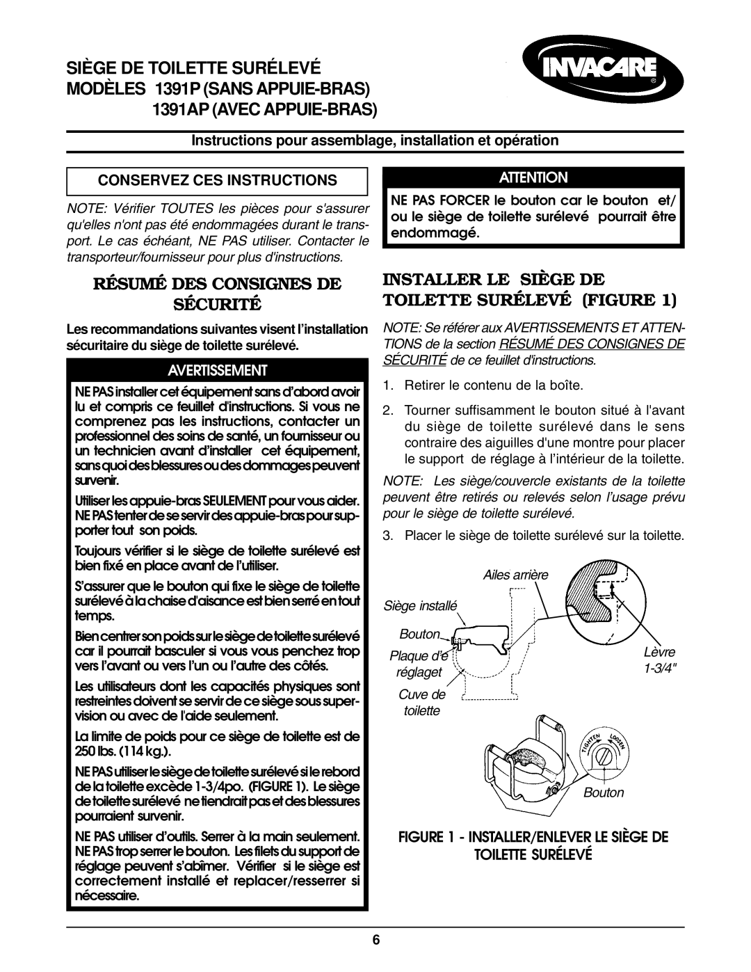 Invacare 1391P 1391AP Avec APPUIE-BRAS, Résumé DES Consignes DE Sécurité, Installer LE Siège DE Toilette Surélevé Figure 