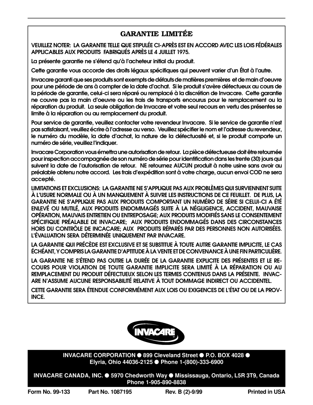 Invacare 1391P, 1391AP operating instructions Garantie Limitée 