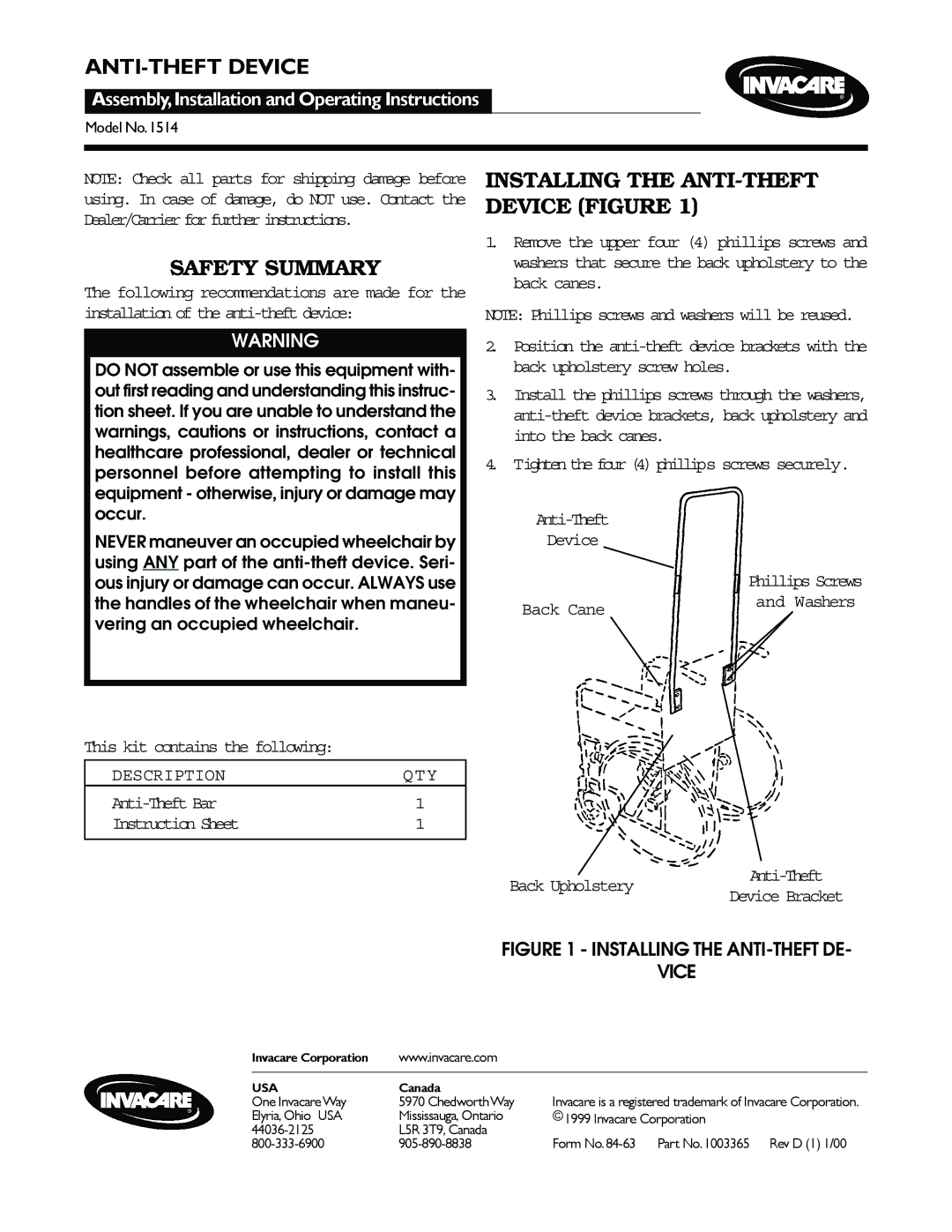 Invacare 1514 operating instructions Safety Summary, Installing the ANTI-THEFT Device Figure, Description QTY 