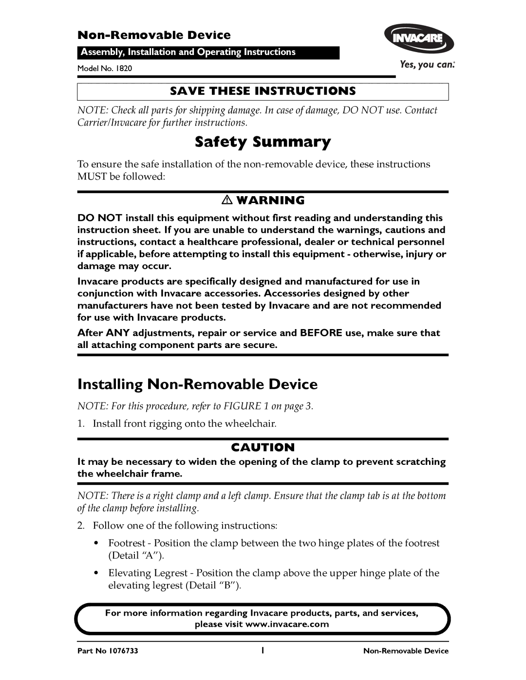 Invacare 1820 instruction sheet Safety Summary 