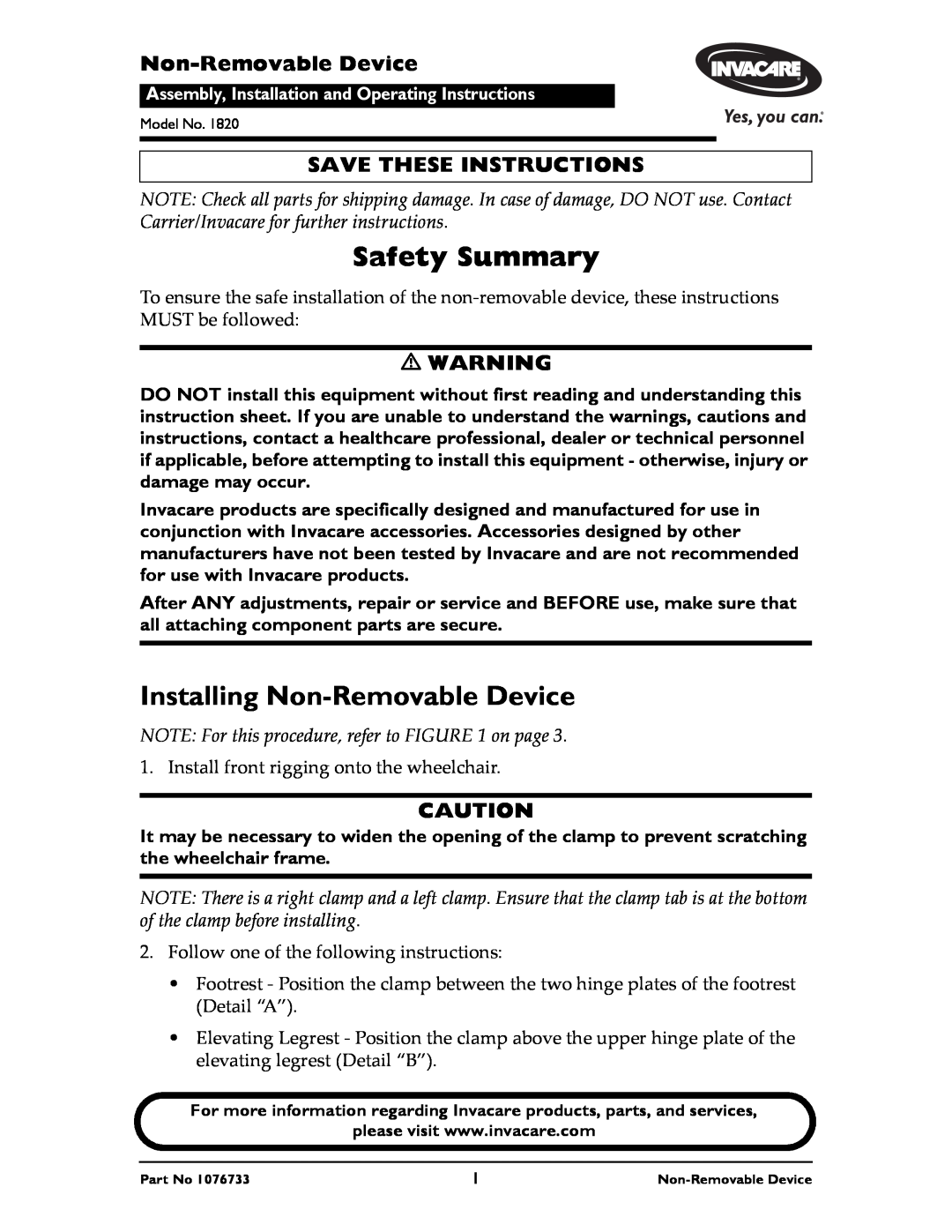 Invacare 1820 instruction sheet Safety Summary, Installing Non-Removable Device, Save These Instructions 