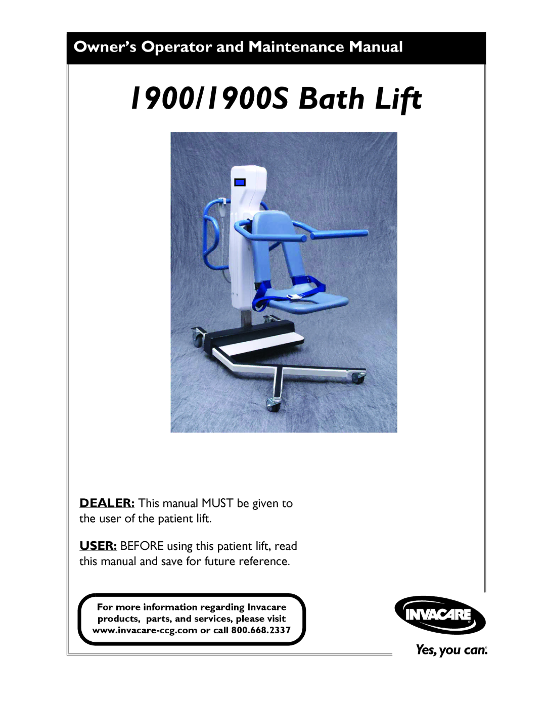 Invacare manual 1900/1900S Bath Lift 