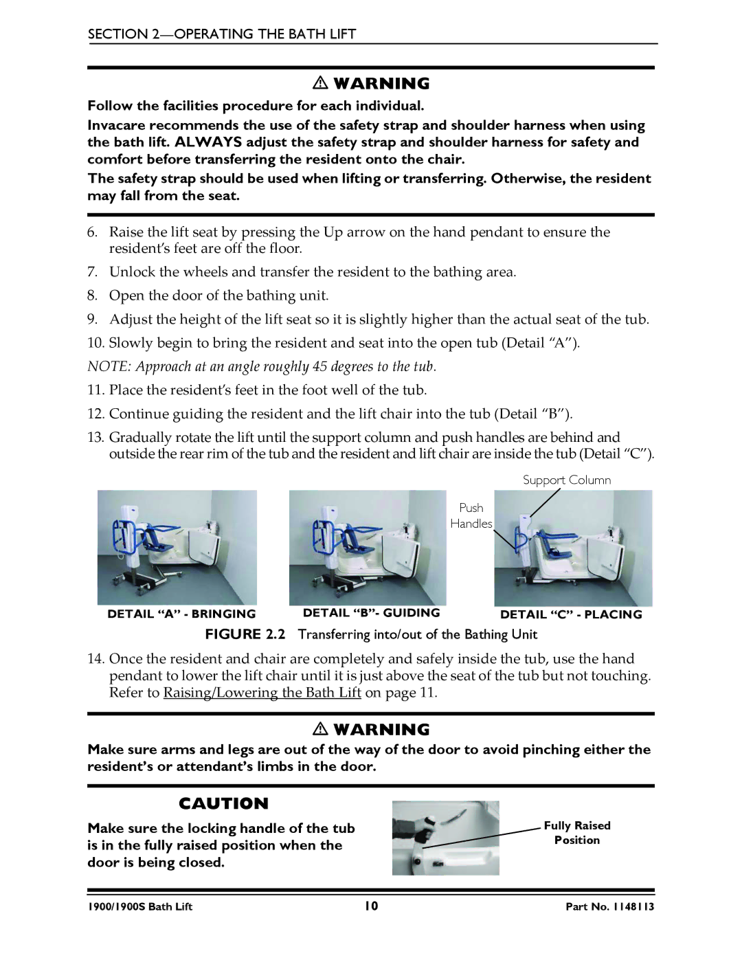 Invacare 1900S manual Transferring into/out of the Bathing Unit 