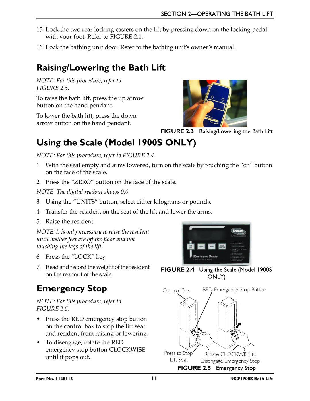 Invacare manual Raising/Lowering the Bath Lift, Using the Scale Model 1900S only, Emergency Stop 