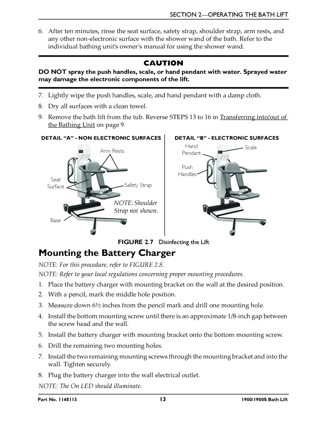 Invacare 1900S manual Mounting the Battery Charger, Disinfecting the Lift 