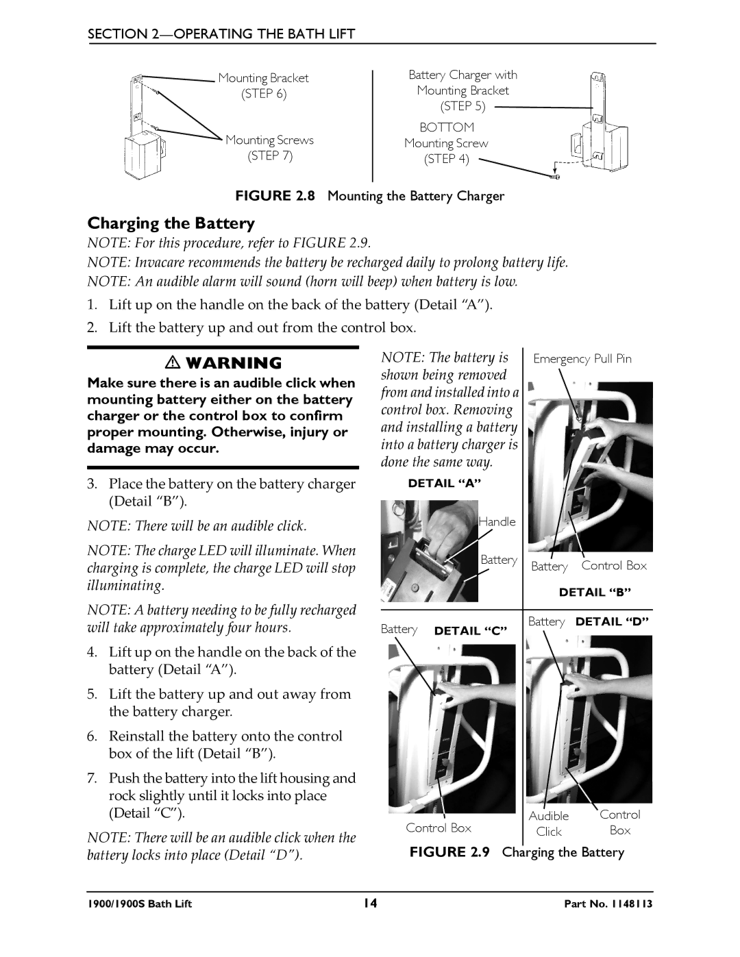 Invacare 1900S manual Charging the Battery, Mounting the Battery Charger 