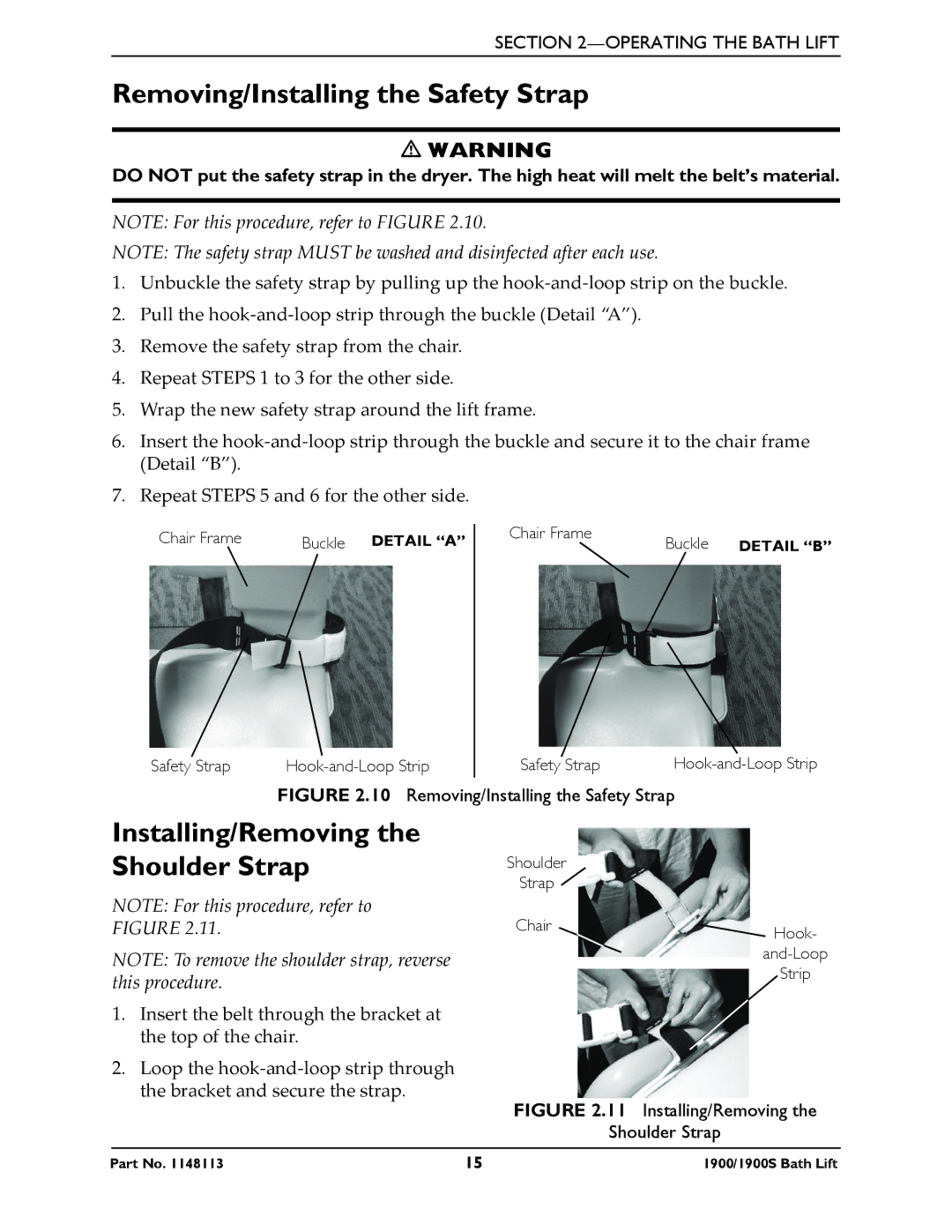 Invacare 1900S manual Removing/Installing the Safety Strap, Installing/Removing the Shoulder Strap 