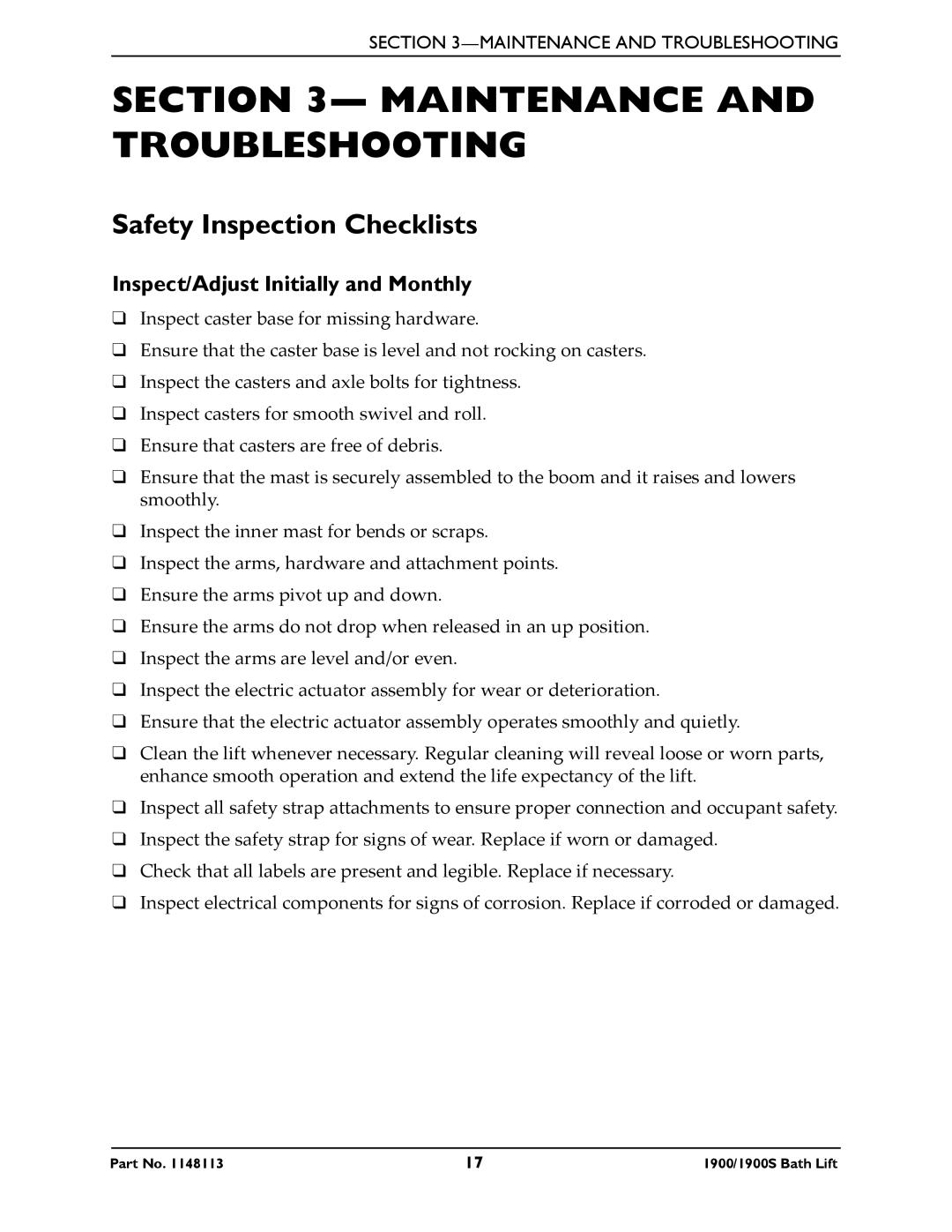 Invacare 1900S manual Maintenance and Troubleshooting, Safety Inspection Checklists, Inspect/Adjust Initially and Monthly 