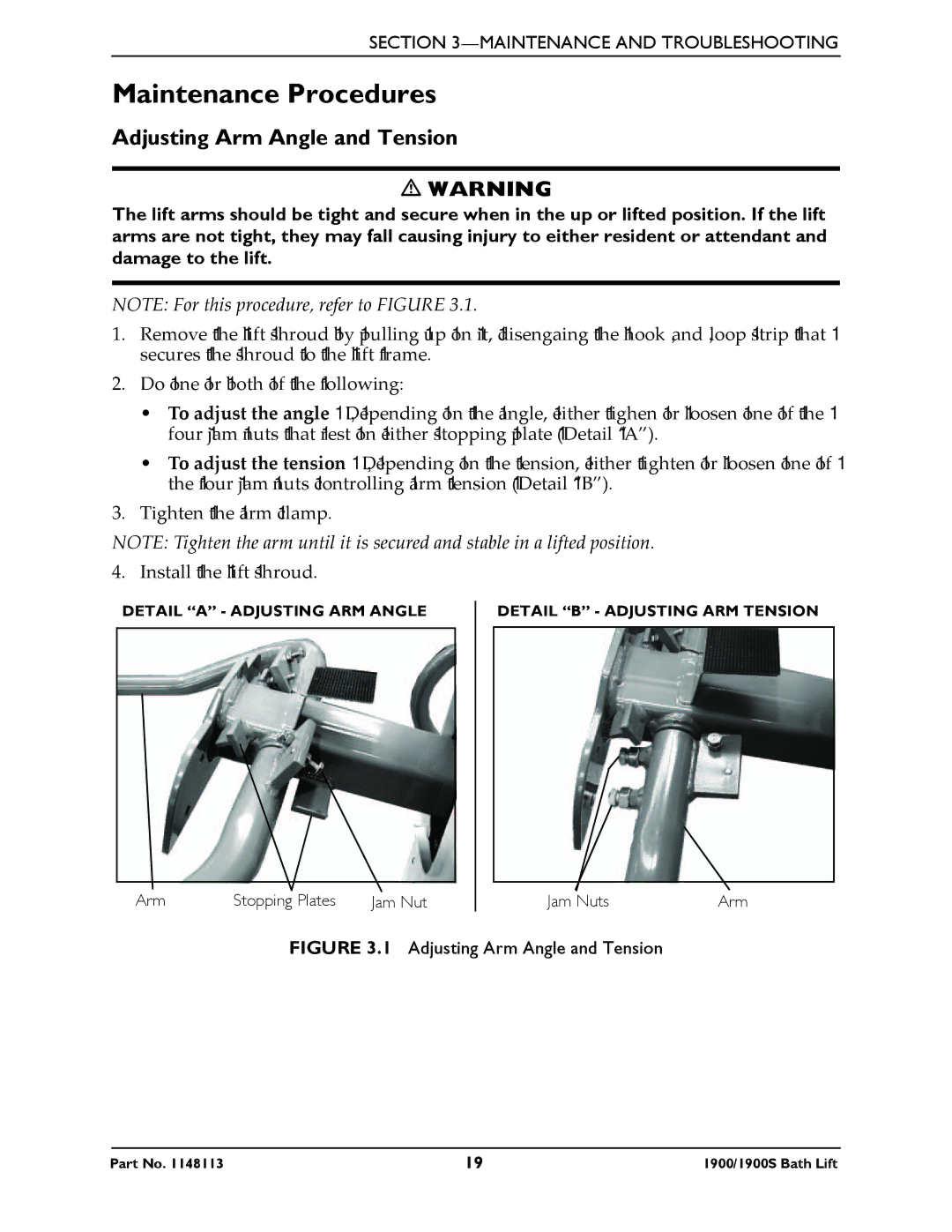 Invacare 1900S manual Maintenance Procedures, Adjusting Arm Angle and Tension 