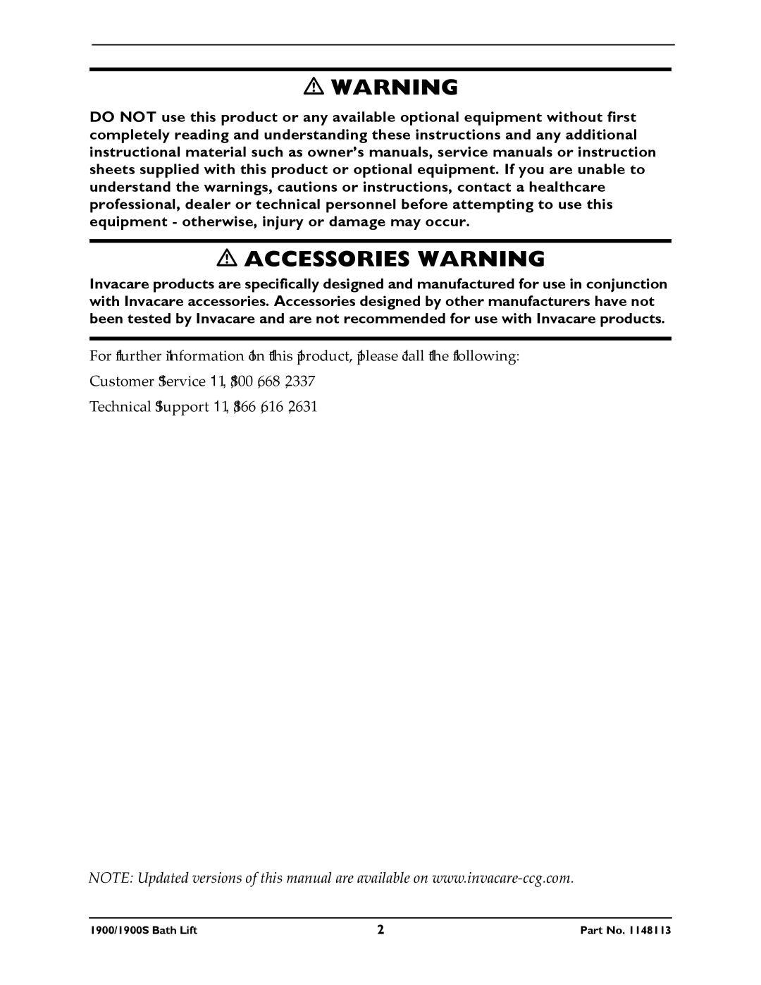 Invacare 1900S manual Accessories Warning 