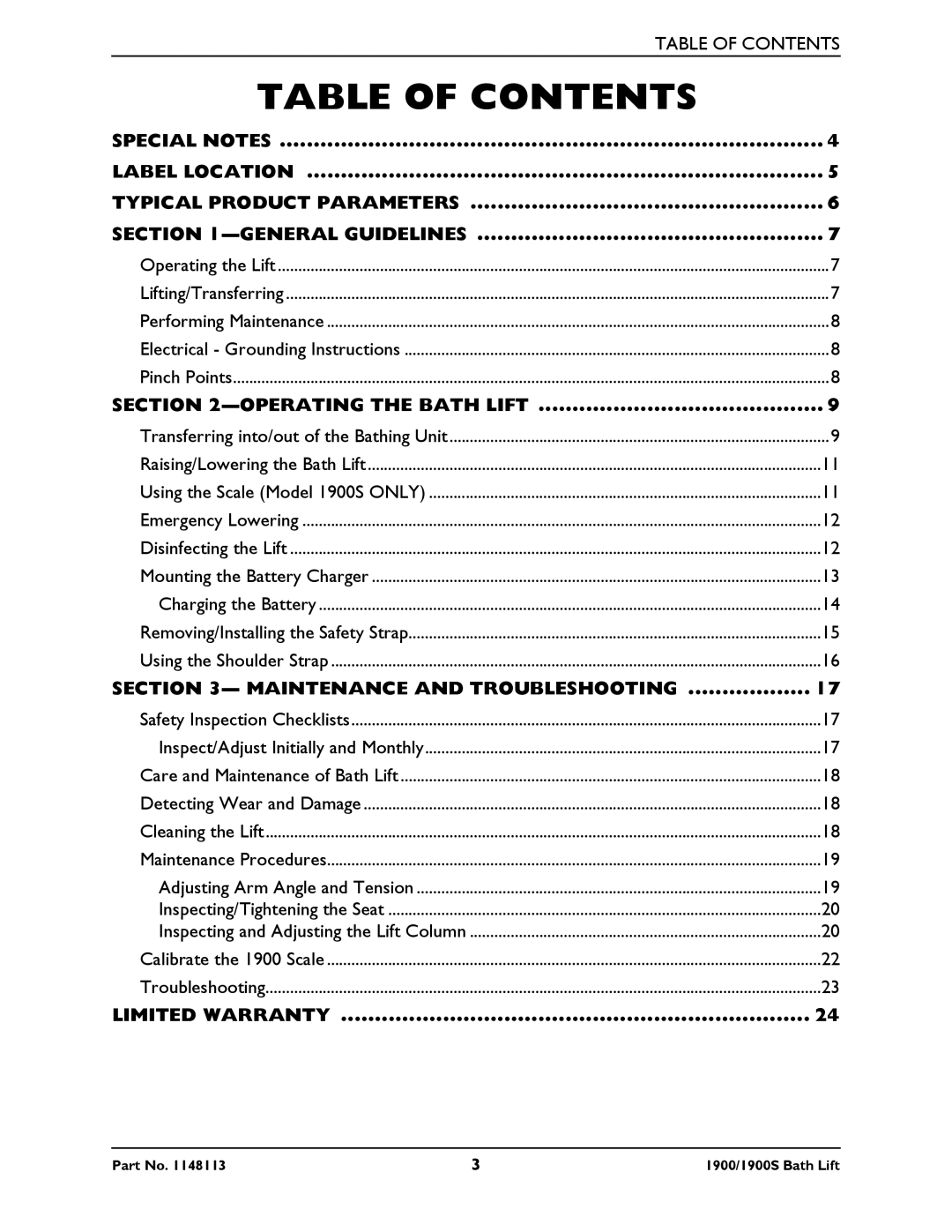 Invacare 1900S manual Table of Contents 