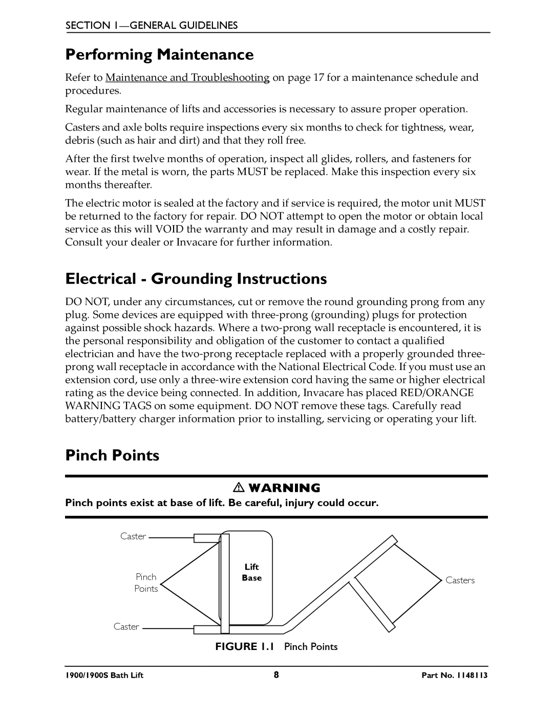 Invacare 1900S manual Performing Maintenance, Electrical Grounding Instructions, Pinch Points 