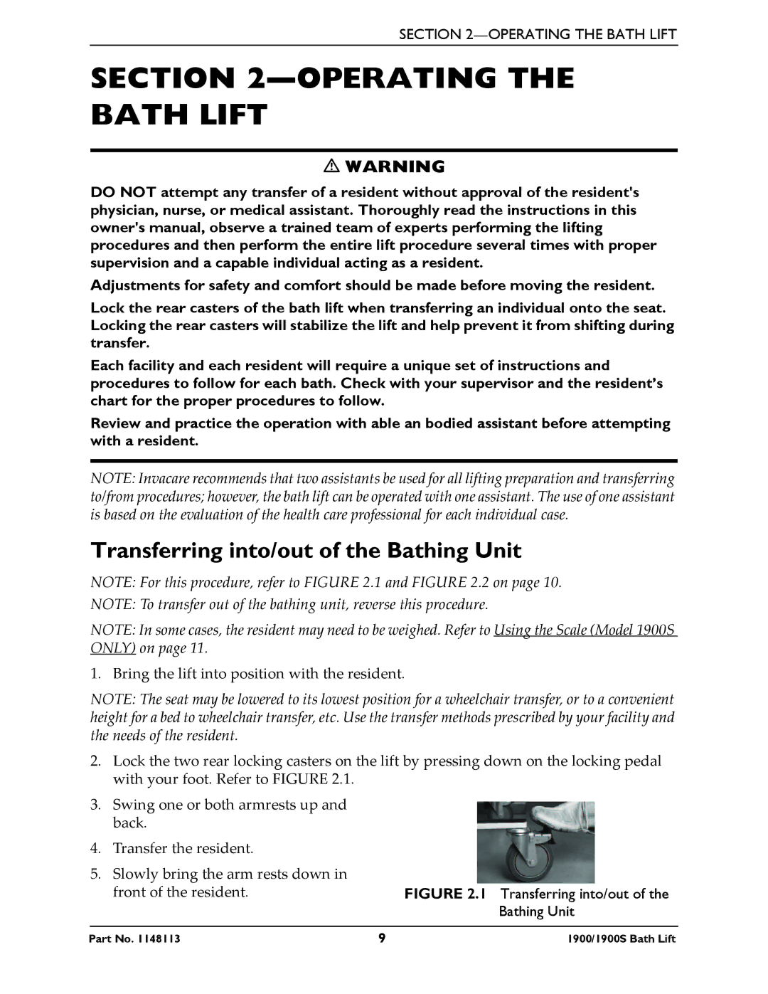 Invacare 1900S manual Operating the Bath Lift, Transferring into/out of the Bathing Unit 