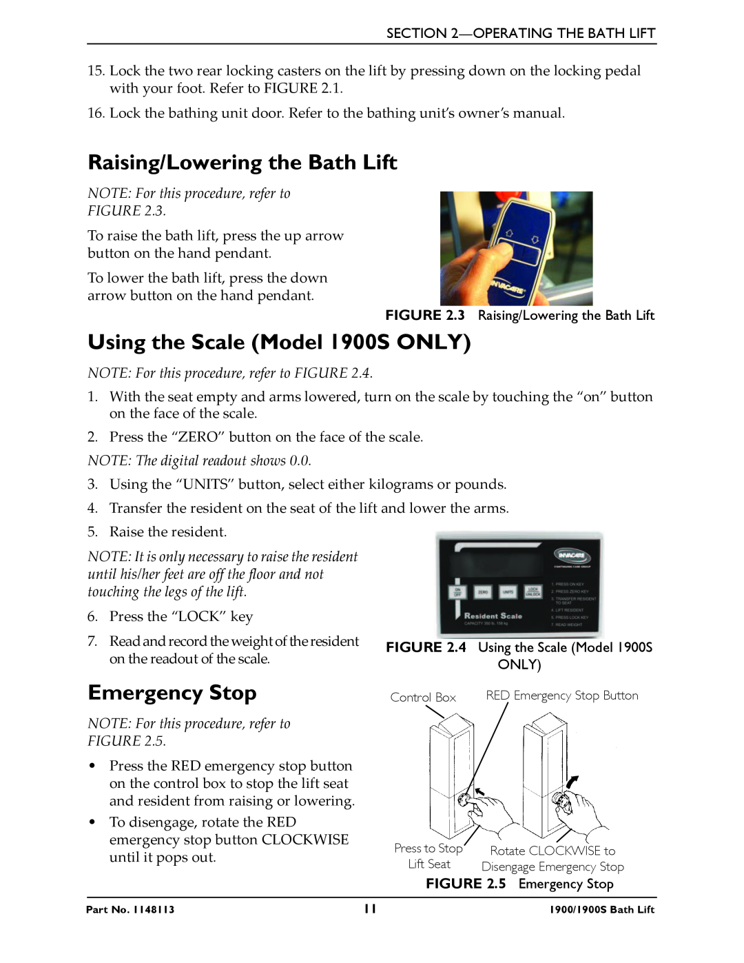 Invacare manual Raising/Lowering the Bath Lift, Using the Scale Model 1900S ONLY, Emergency Stop 