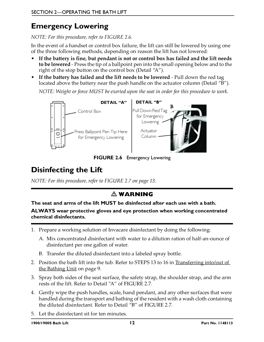 Invacare 1900S manual Emergency Lowering, Disinfecting the Lift 