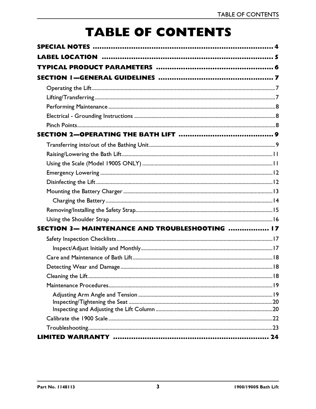 Invacare 1900S manual Table Of Contents 