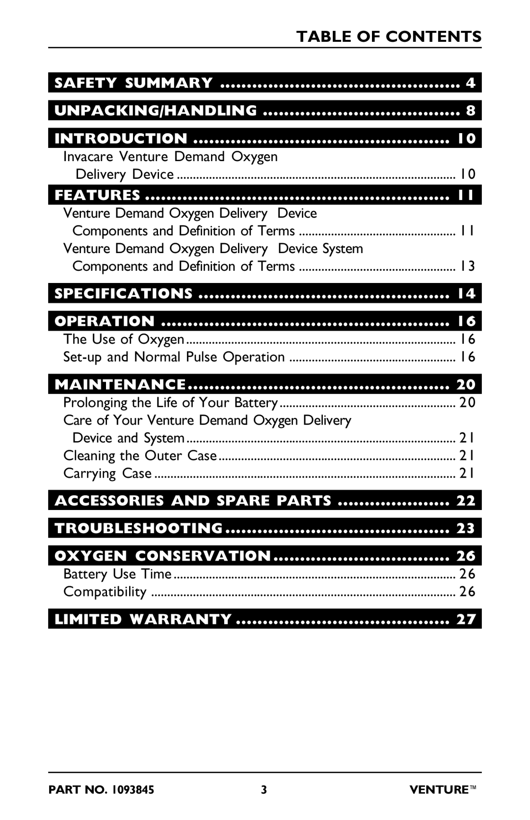 Invacare 50EX, 20EX, 211EX, 212EX manual Table of Contents 