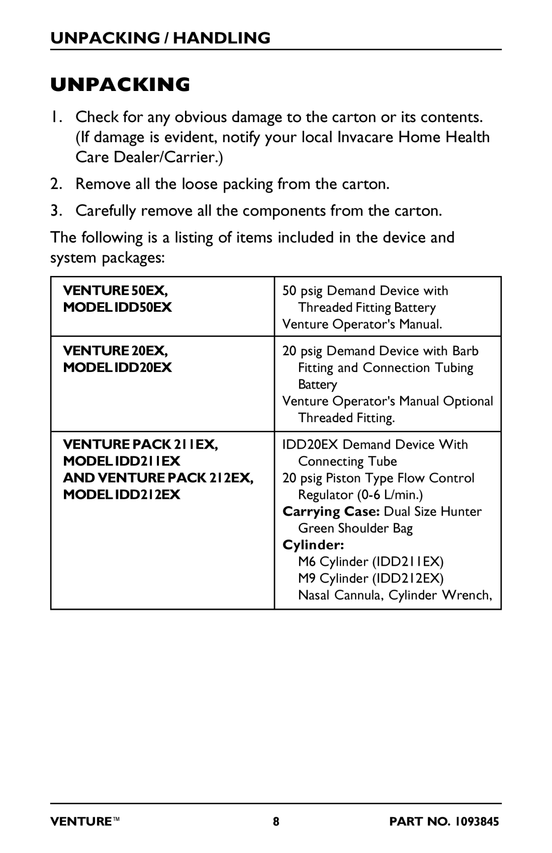 Invacare 20EX, 211EX, 212EX, 50EX manual Unpacking / Handling 