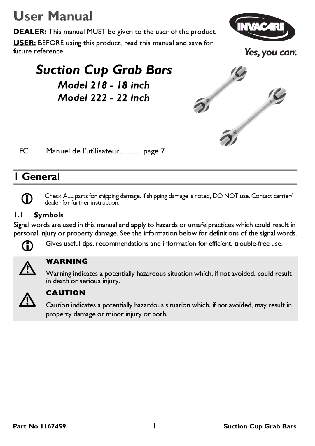 Invacare 218-18 inch  222-22 inch user manual General, Symbols 