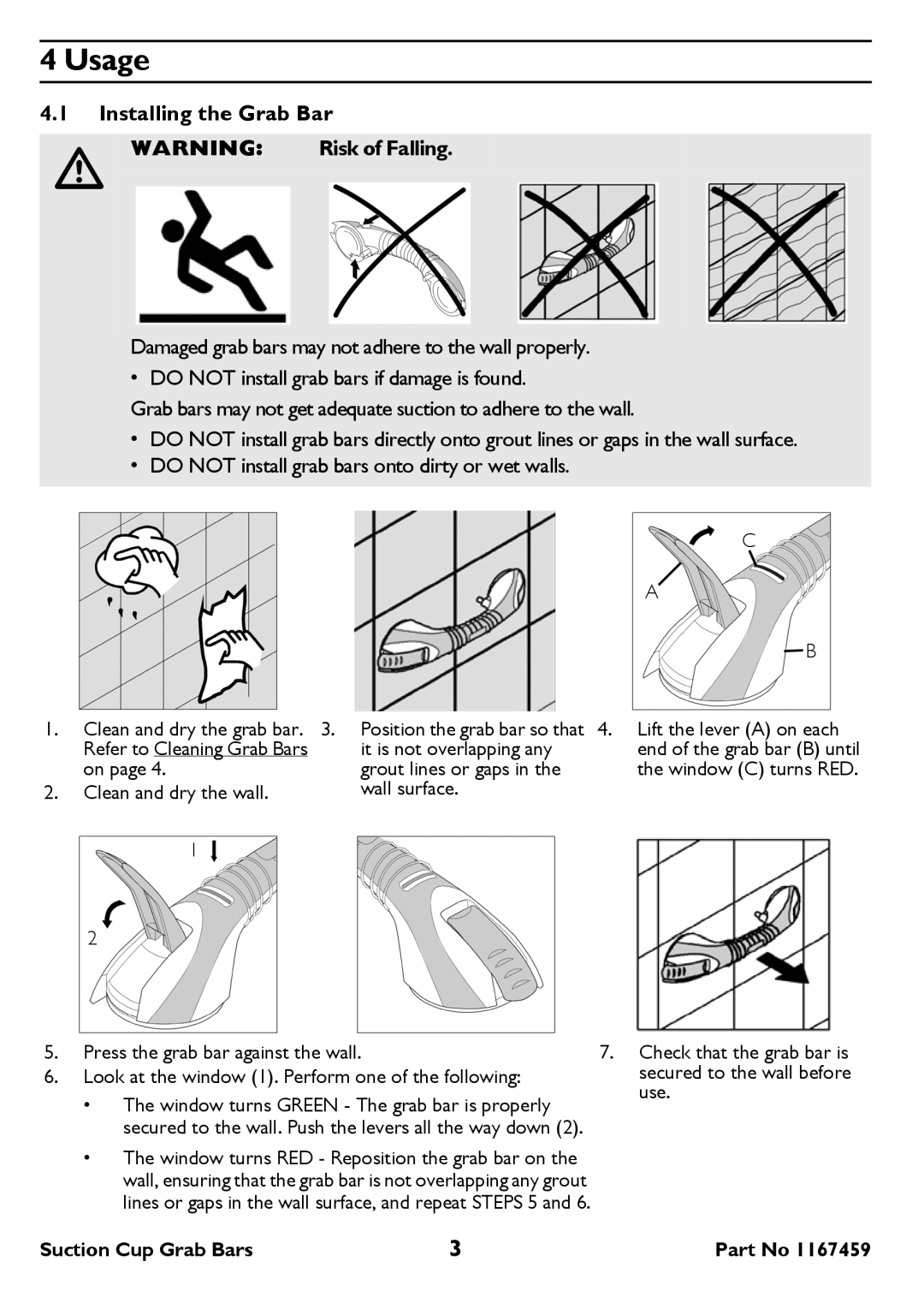 Invacare 218-18 inch  222-22 inch user manual Usage, Installing the Grab Bar 