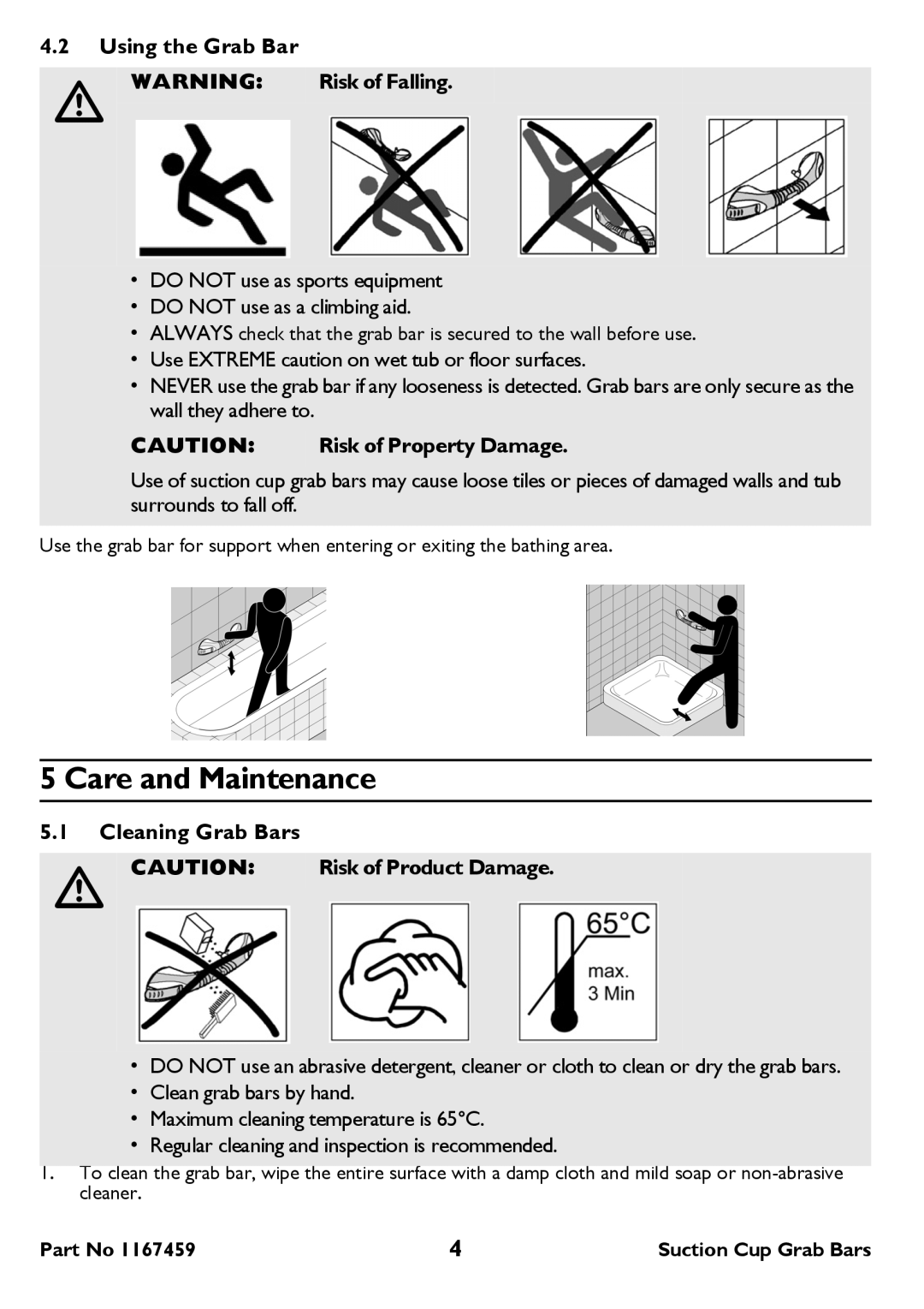 Invacare 218-18 inch  222-22 inch Care and Maintenance, Using the Grab Bar, Cleaning Grab Bars Risk of Product Damage 