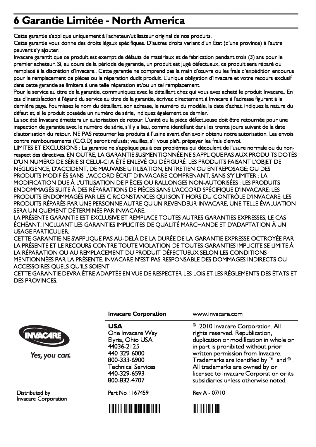 Invacare 218-18 inch  222-22 inch user manual Garantie Limitée - North America, Invacare Corporation 