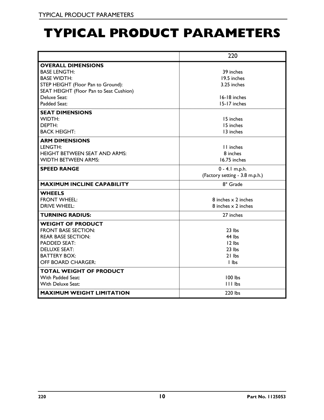 Invacare 220 manual Typical Product Parameters 