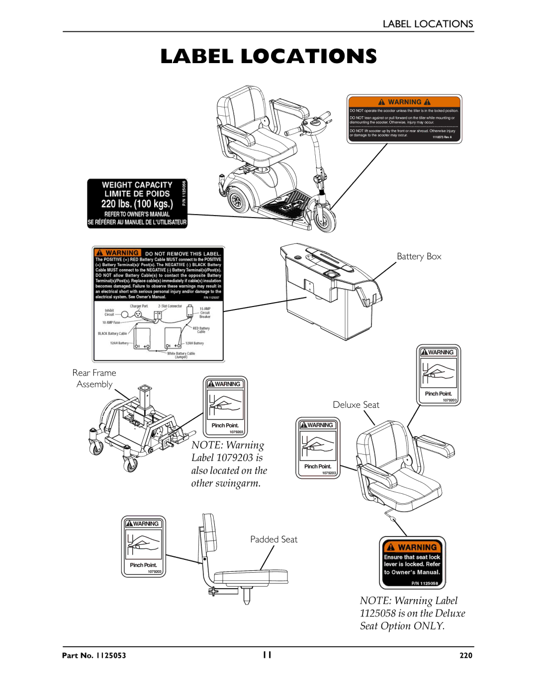 Invacare 220 manual Label Locations 