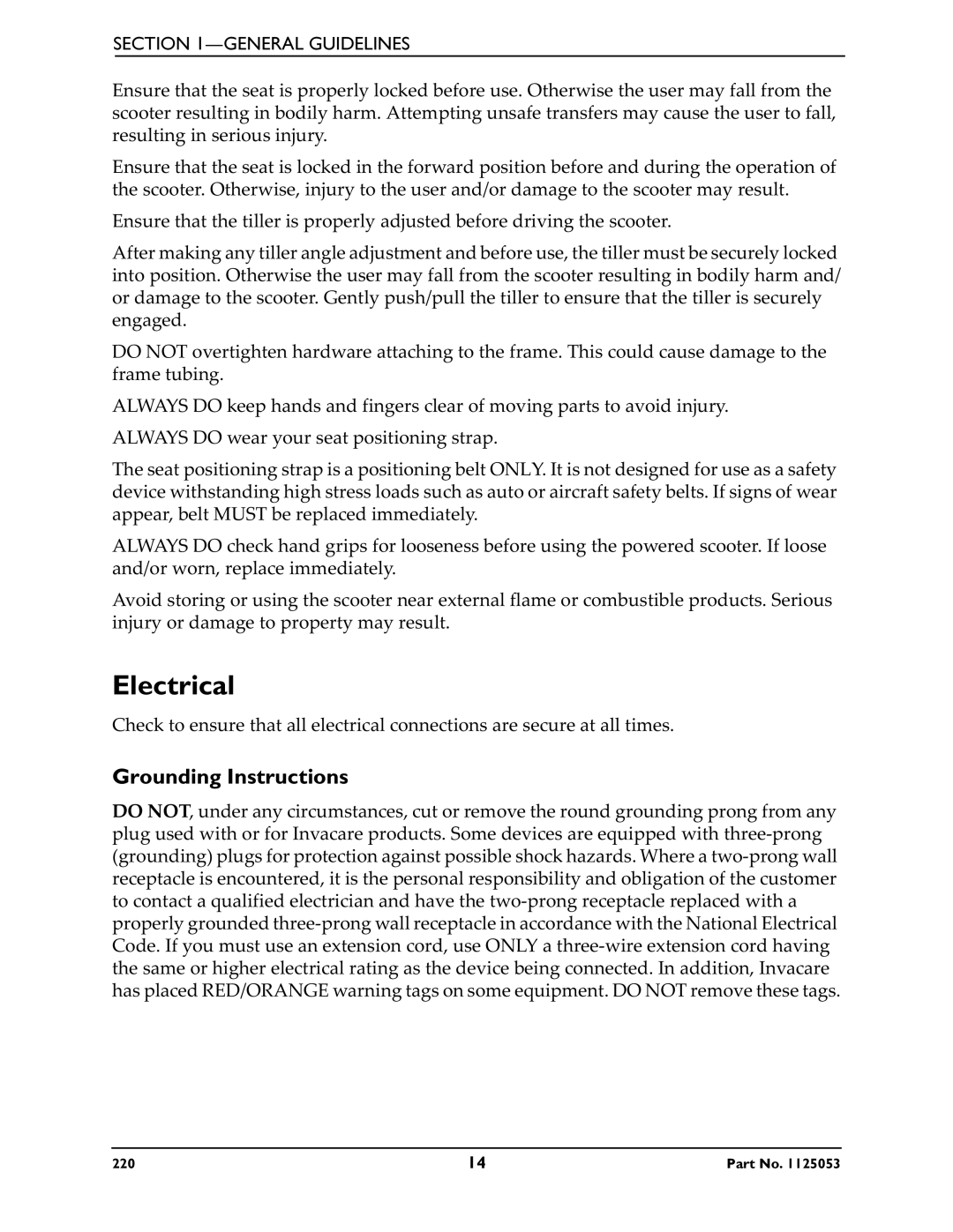 Invacare 220 manual Electrical, Grounding Instructions 