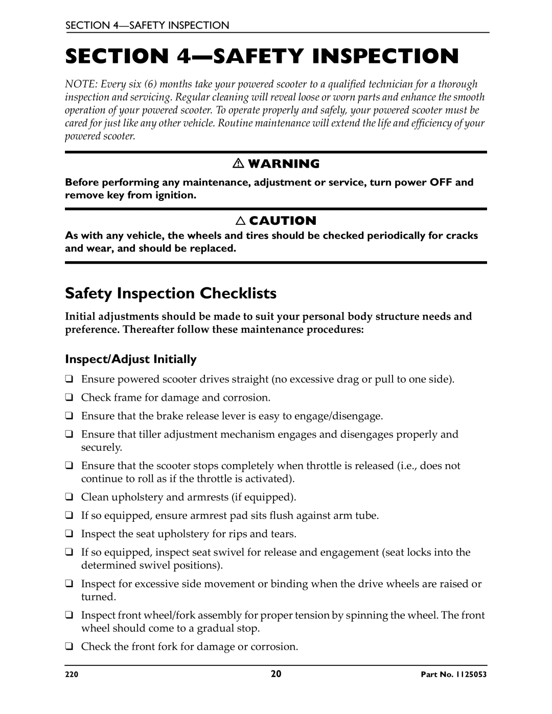 Invacare 220 manual Safety Inspection Checklists, Inspect/Adjust Initially 