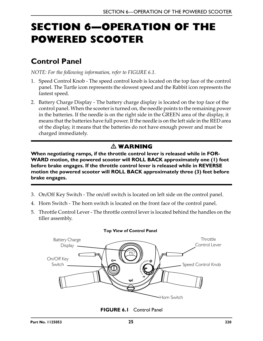 Invacare 220 manual Operation of the Powered Scooter, Control Panel 