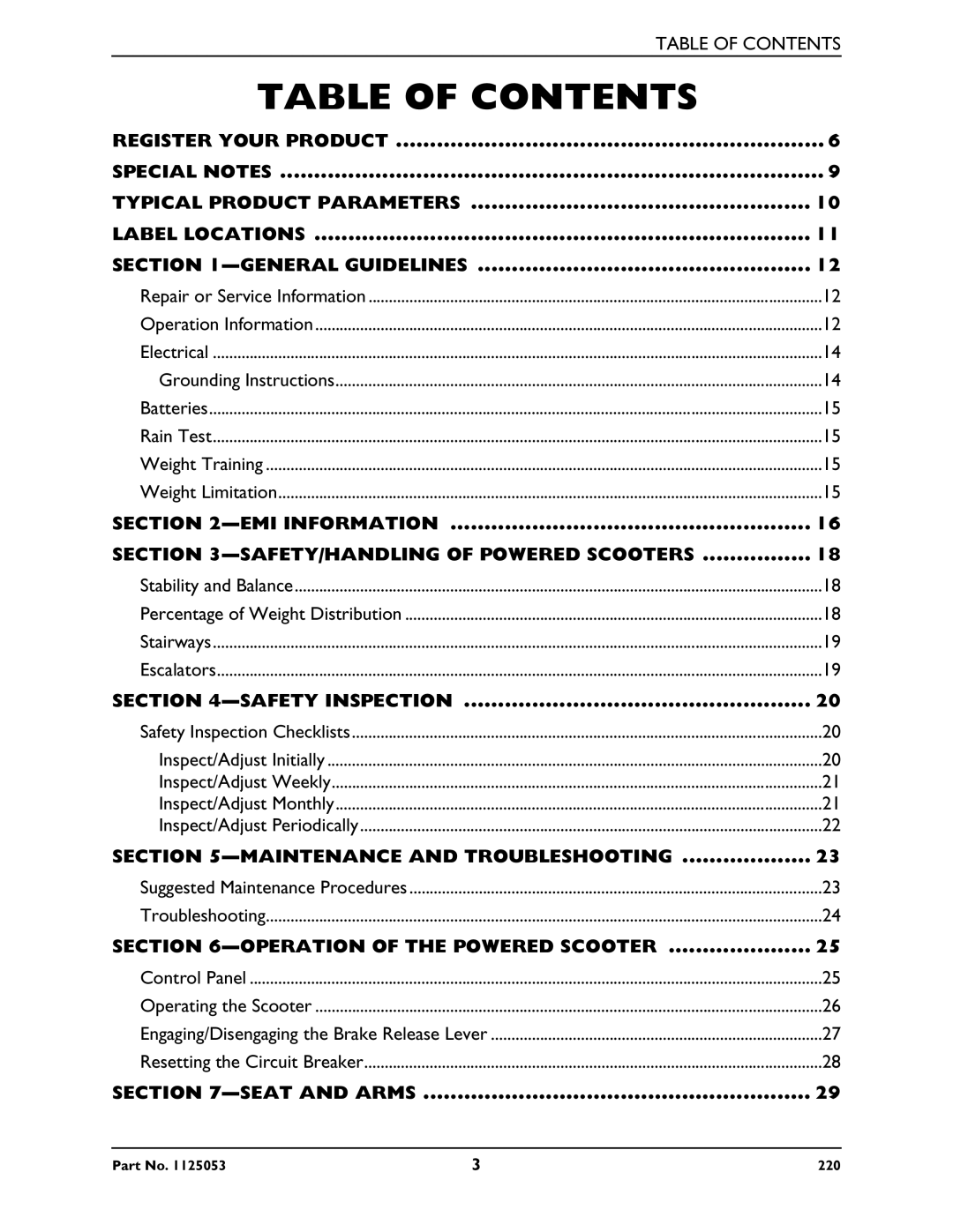 Invacare 220 manual Table of Contents 